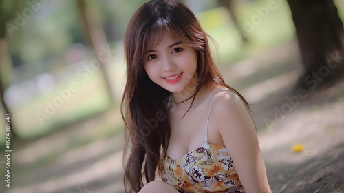 Beautiful Asian Woman Smiling Outdoors in Summer Dress