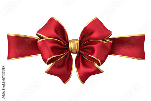 A vibrant red ribbon bow with a gold border