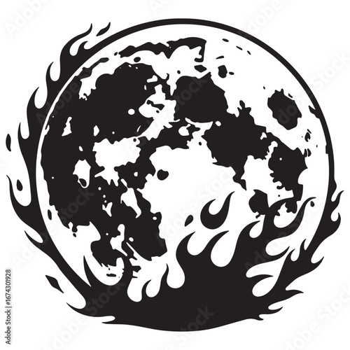 Fiery Celestial Sphere A Dramatic Black and White Graphic of a Moon Engulfed in Flames, Conveying Power and Transformation