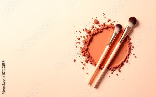 Makeup brushes on a base of brown, highly textured powder foundation, with copy space.