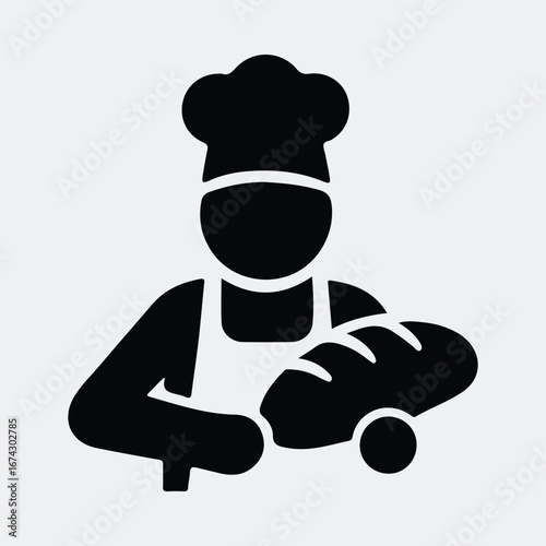 Silhouette baker holding bread loaf wearing apron and toque vector illustration