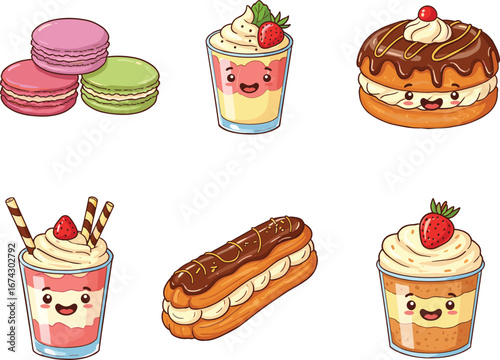 Cute cartoon dessert collection, kawaii sweets with faces, macarons, cupcakes, parfaits and pastries, flat vector illustration for kids designs