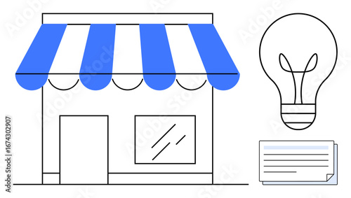 Storefront with blue awning, a light bulb symbolizing ideas, and a document representing planning. Ideal for business, entrepreneurship, creativity, innovation, strategy, planning and startups