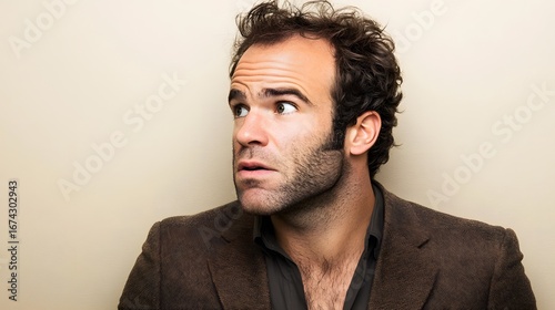 Surprised Man in Brown Jacket Studio Portrait