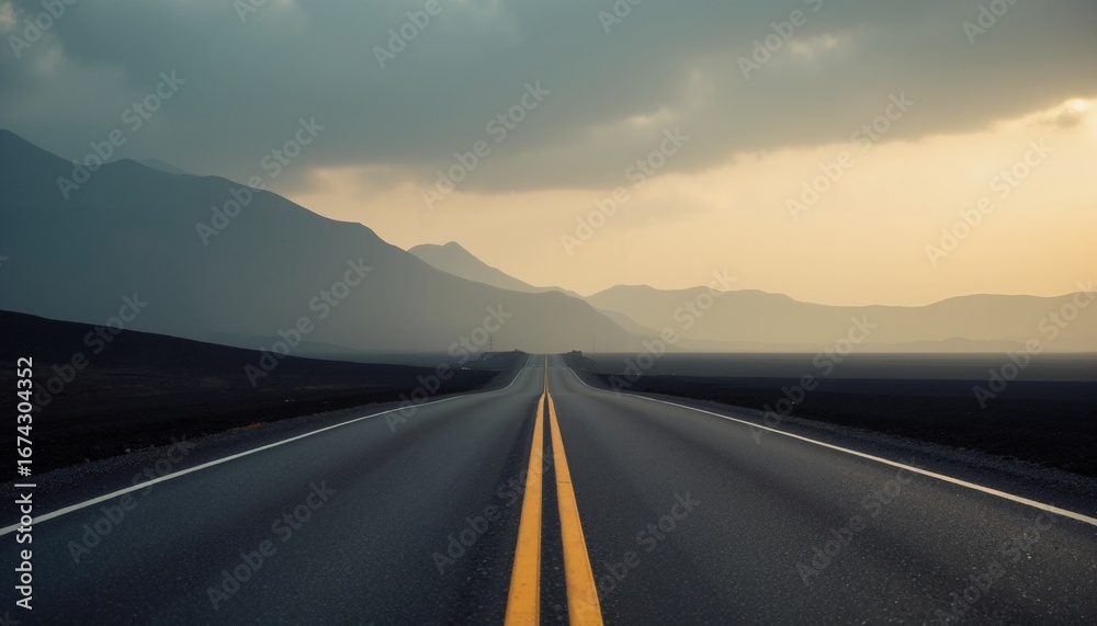 Naklejka premium A two lane road with two yellow lines going down it.