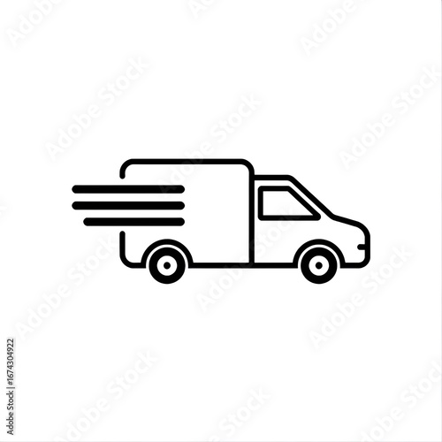 minimal vector icon of delivery truck, flat design, black and white, isolated on white background, fast delivery concept with motion speed lines, simple silhouette, suitable for app icon and web desig
