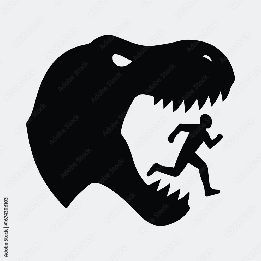 Naklejka premium Silhouette dinosaur chasing man funny creative black and white vector illustration