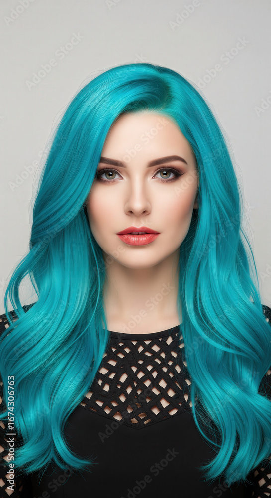 Fototapeta premium A young woman with striking turquoise hair and glamorous makeup poses confidently in a black lace top, conveying a bold and modern aesthetic