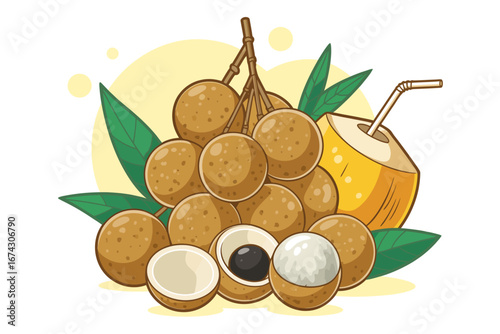 Delicious tropical longan fruit cluster and refreshing coconut drink illustration. Perfect for promoting healthy eating, summer beverages, and exotic flavors in a vibrant graphic style.