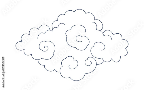 Traditional Asian cloud, cumulus cloud, line drawing, blue outline, isolated on transparent. Hand drawn vector illustration. Buddhist thangka art. Chinese, Japanese, Korean design element, clip art