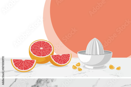 Vibrant grapefruit illustration with a manual juicer on a clean marble counter, symbolizing healthy living and fresh beverage preparation.