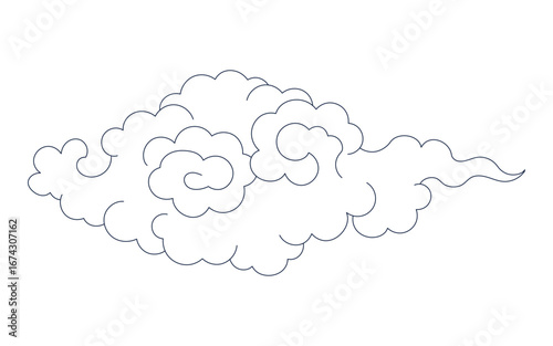 Traditional Asian cloud, cumulus cloud, line drawing, blue outline, isolated on transparent. Hand drawn vector illustration. Buddhist thangka art. Chinese, Japanese, Korean design element, clip art