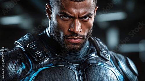 intense male warrior in futuristic armor pose with focus and determination