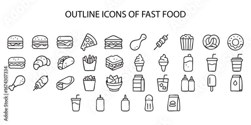 a set of vector outline icons depicting a variety of fast food.