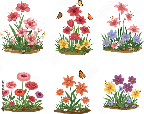 Blooming flower garden set, spring floral vector clipart, colorful flowers and butterflies, nature illustration, decorative plants, flat drawing design