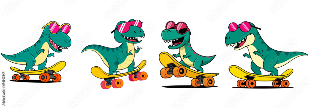 Fototapeta premium Dinosaurs on rollarskate cartoon character set vector illustration with pink sunglass and happy smile face.