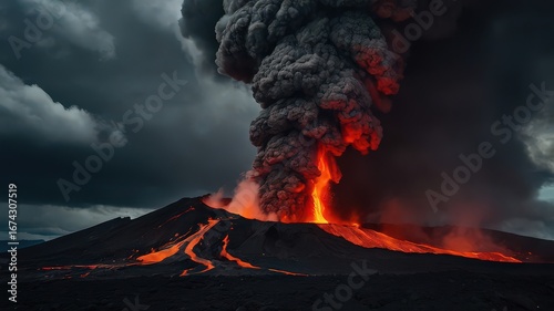 
Massive Volcanic Eruption with a River of Molten Lava and a Huge Column of Dark Ash Against a Dramatic Sky