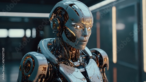 
Intricate Silver and Gold Android with Glowing Eyes, Cyberpunk Sci-Fi Close-Up, Futuristic Technology