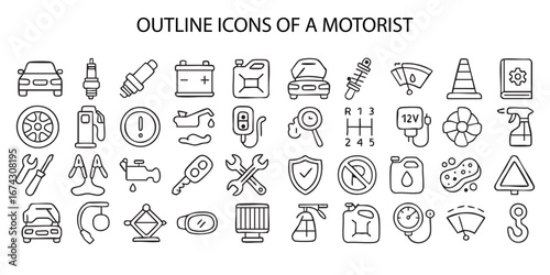 outline icons related to the automobile, as indicated by the inscription “AUTOMOBILIST OUTLINE PICNOGRAPHICS” at the top