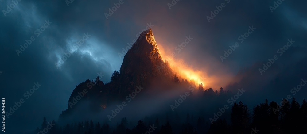Fototapeta premium Mystical mountain peak set ablaze by the morning sun, rising from a sea of clouds and mist