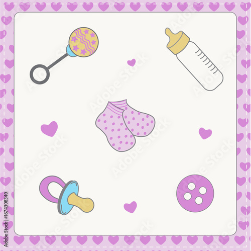 Set, baby things, socks; heart; beanbag; bottle; pacifier; button; baby shower; girl, pink heart