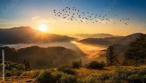 serene sunrise over misty valley with mountains and birds flying calm morning light creates peaceful atmosphere in nature
