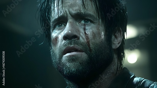 Grizzled Man Dramatic Closeup Portrait Blood Sweat Dark