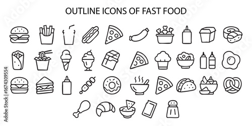 collection of outline icons related to fast food vector