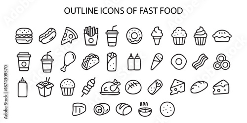 A set of linear icons titled “OUTLINE ICONS OF FAST FOOD.” The set includes icons depicting various fast food items.