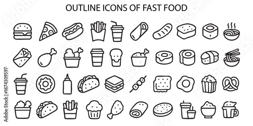 A set of linear icons titled “OUTLINE ICONS OF FAST FOOD.” The set includes icons depicting various fast food items.