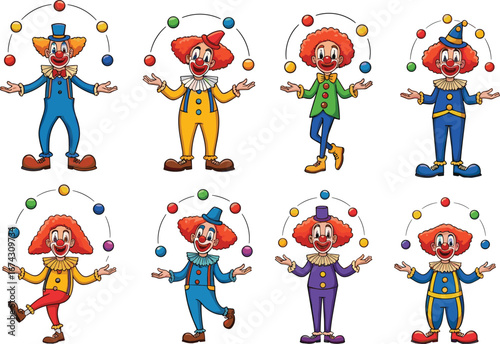 Colorful cartoon clown characters juggling balls, circus performers, funny clowns, vector illustration, kids entertainment, comedy show, festival art, carnival design, playful artwork