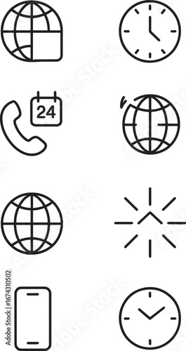 Eight outline icons for globe, clock, phone, and abstract shapes world earth