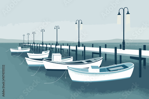 Rowboats by a Long Pier with Distant Hills on a Calm Day Vector Illustration