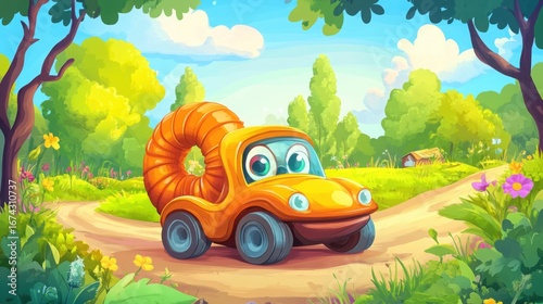 Cute cartoon car character with snail shell in vibrant nature scene
