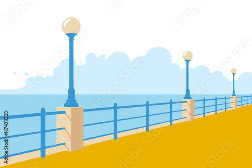 Vector illustration of a coastal promenade with blue railings and vintage street lights against a serene sea backdrop and cloudy sky