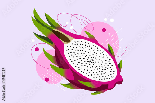 Vibrant and Eye Catching Dragon Fruit Illustration with Abstract Shapes for Modern Design Projects and Creative Content Creation