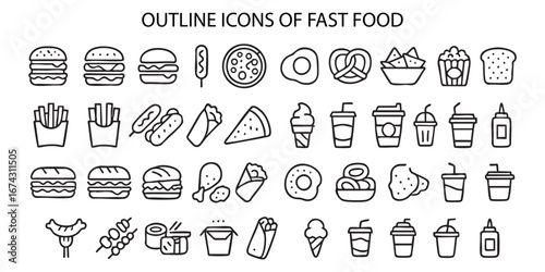 A set of linear icons titled “OUTLINE ICONS OF FAST FOOD.” The set includes icons depicting various fast food items.