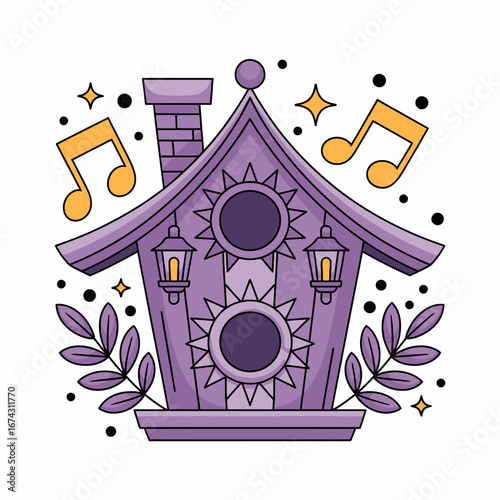 Fotografie Whimsical purple birdhouse illustration with musical notes and shining stars a c