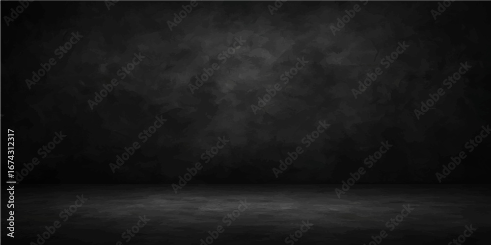 Fototapeta premium Vintage black blank chalkboard on a dark gray aged concrete wall, a textured grunge background for your design