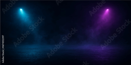 A vibrant blue stage light pierces the dark backdrop, illuminating the space with a brilliant glow like a night sky