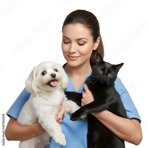 Vet Gently Holds Dog and Cat, Transparent Background