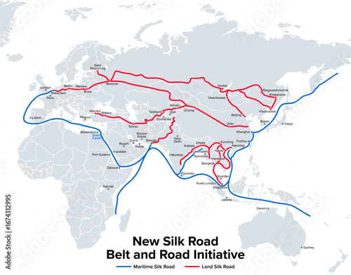 New Silk Road, Belt and Road Initiative, political map. Belt and Road Economic Corridor and its pathway cities. Global infrastructure development strategy adopted by the government of China in 2013.