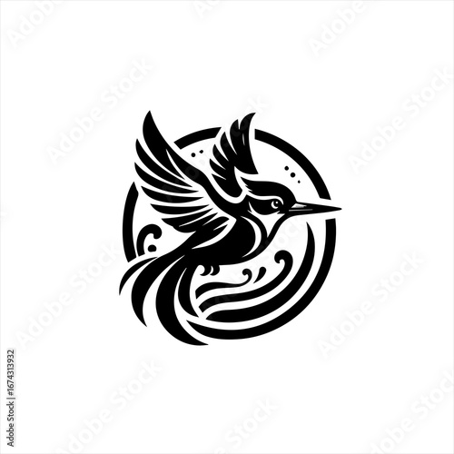 Stylized black bird in flight within a circular emblem