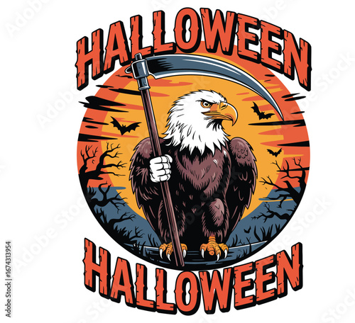 Bald eagle holding a scythe with full moon background halloween t shirt vector isolated on white background