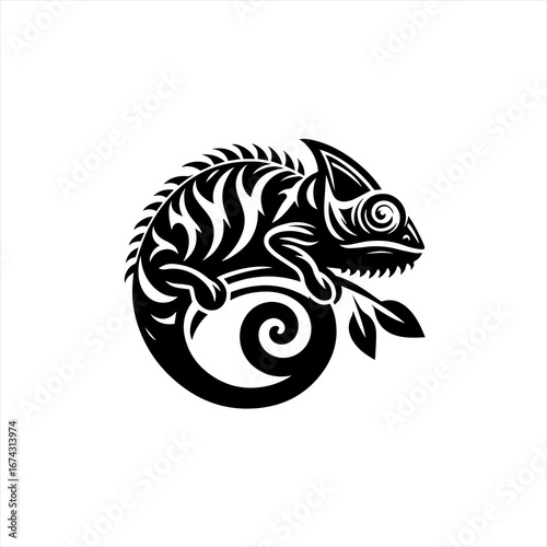 Stylized black chameleon silhouette on a white background