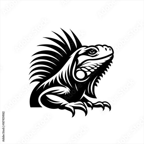 Black and white stylized illustration of an iguana head and front claws