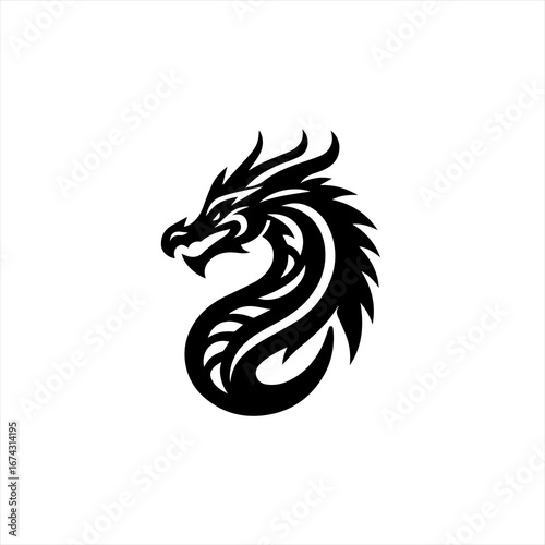 Stylized black dragon head and neck silhouette on white background