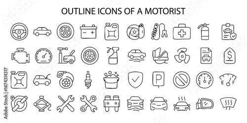 A set of linear icons titled “OUTLINE ICONS OF A MOTORIST.” The set includes icons depicting elements related to motorists.