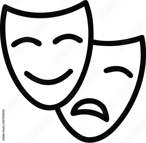 Vector art of theatrical masks representing comedy and tragedy, a symbol of drama and performance