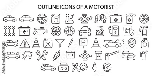a set of outline icons related to motorists and vehicles. All icons are made in black and white with thin lines.